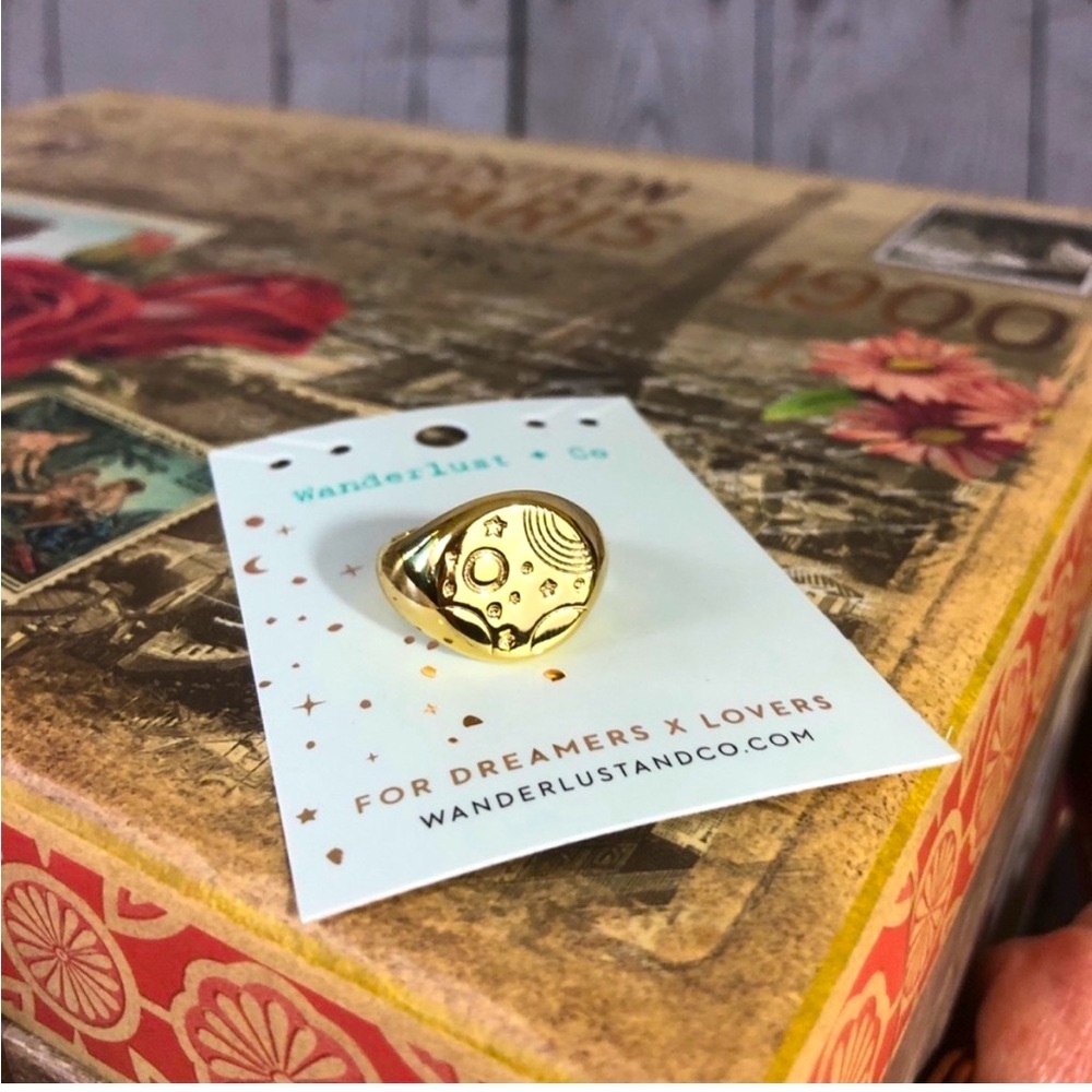 Wanderlust + Co 🌙 18K Gold Over S925, Adjustable “Orbit Signet” Ring - Picture 4 of 9
